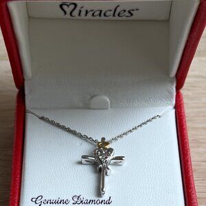 NIB Miracles Sterling Silver Cross with Heart & Halo Pendant on 18" Silver Chain